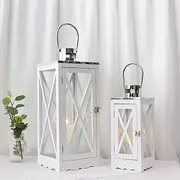 [TRIROCKS] Set of 2 Farmhouse Wooden Lantern 62&44.5 cm Tall Metal Decorative Candle Holders with Clear Glass Rustic Hanging Lantern for Patio Garden Wedding Parties Indoor Outdoor(White, Rectangle)