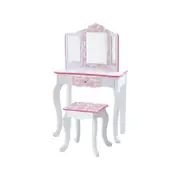 Teamson Kids Little Princess Gisele Giraffe Print Kids Vanity Set With Stool, Trifold Mirror, & Storage Drawer, White/pink