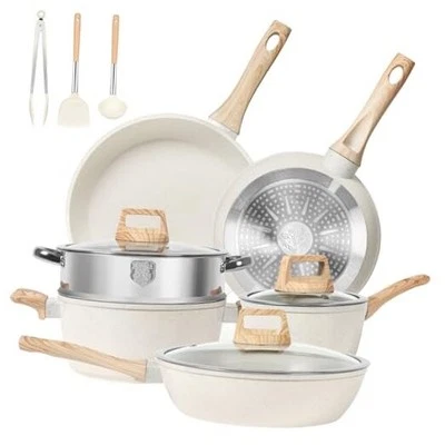 12 Pcs Pots and Pans Set, Nonstick Cookware Sets White Granite Induction