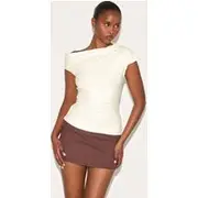 Almond Soft Touch Ruched Asymmetric Longline Top, Almond