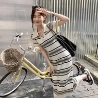 在飛比找momo購物網優惠-【D.studio】韓版氣質翻領條紋修身顯瘦針織連衣裙(長裙