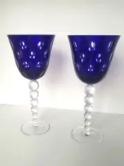 Ajka Hungary Cobalt Blue 9 1/2" Wine Glass Cut to Clear Dots Set 2