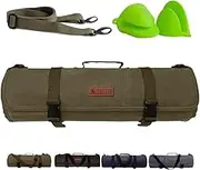 Baobab County Chef Knife Roll Bag - Premium 12oz Waxed Canvas Chef Knife Case, 11 Slots - Ideal Chef's Knife Bag for Carving Knives, Cleaver, Chef Tools & Utensils - Army Green - Oven Mitts Included