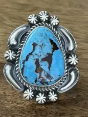 Native American Navajo Kingman Turquoise Ring Sterling Silver - Jeff James Sz-9"