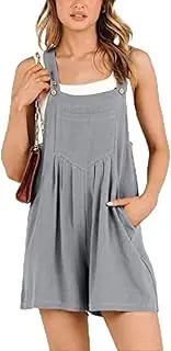 [KIKJDSERV] Womens Adjustable Strap Loose Bib Rompers,Casual Linen Overall Shorts,Sleeveless Button Short Jumpsuits with Pockets (Light Grey, S), Light Grey, Small
