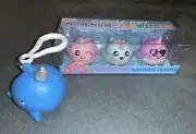 JUSTICE NOM NOM NARWHALS SCENTED (3) ERASERS & SQEEZY BLUE BAG CHARM SUPER CUTE