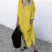 Plussize Womens Casual Blouse Long Shirt Dress Ladies Collared Button Down Dress Cy Yellow 5XL