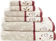 [Madison Park] Serene 100% Cotton Bath Towel Set Luxurious Floral Decorative Towels for Bathroom Embroidered Cotton Jacquard Design Soft Highly Absorbent for Shower 600 GSM, Multi-Sizes, Red 6 Piece