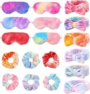 GGSTDDUP 18 Pcs Sleepover Party Supplies for Girls, Plush Sleep Eye Mask Soft Spa Headband Hair Scrunchies for Spa Birthday, Bachelorette Party, Slumber Party
