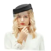 Straw Fascinator Vintage Hat Bow Veil Pillbox for Wedding Medium-Large Black