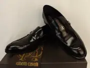 NIB ROBERTO CAVALLI BLACK LEATHER BELTED BUCKLE LOGO LOAFERS 41 US 8 ITALY