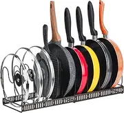 Toplife Expandable Pans Organizer Rack, 10 Adjustable Compartments, Cookware Holder for Pantry or Cabinet, Brown