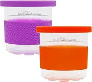 Ice Creami Pints 2 Pack silica gel lid with sleeve, Compatible with Ninja NC301, NC300, NC290, NC299AMZ, CN305A & CN301CO Series Creami Ice Cream Makers, Genuine Ninja Pint, Color Lids(orange/purple)