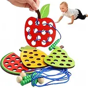 FeBohao 4 Pcs Montessori Wooden Lacing Toys for Toddler,Fine Motor Skills Travel Toy,Educational and Learning Activity Puzzles,Fruit Threading Set for Kids Apple Pear Watermelon Pineapple
