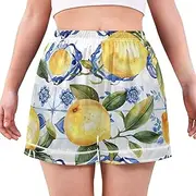 [RPLIFE] Yellow Lemons Blue Flowers Womens Sleeping Shorts, Lounging Shorts for Women, Comfy Summer Pajamas Women