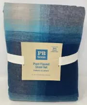 Pottery Barn Teen 3 Piece Blue Plaid Flannel Sheet Set Size XL Twin NEW