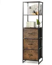 [Giantex] Industrial 3-Drawer Dresser, Tallboy Storage Shelf Wood Organizer, with 3 Open Shelves, Heavy-Duty Steel Frame & Anti-toppling Device, Tall Bookshelf Narrow Storage Rack for Living Room Study