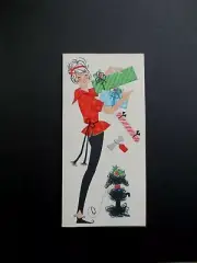 VTG Unused Mid Century Xmas Greeting Card Lady Dropping Presents W/ Black Poodle
