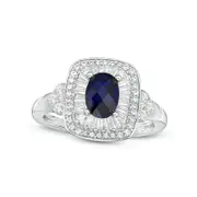 Oval Lab-Created Blue and White Sapphire Cushion Frame Ring in Sterling Silver