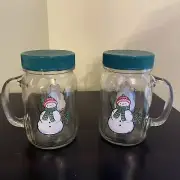 Lot Of 2 Glass Mason Jars W/ Screw On Plastic Lid & Handle Snowman