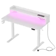 Advwin LED RGB Light Electric Standing Desk with Power Outlets & Monitor Stand 120cm White Desktop+White Frame