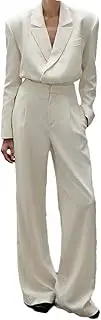 [Generic] Women's Temperament Beige Office Women's 2-Piece Set with Collar, Long Sleeved Button Up Shirt and Simple High Waisted Pants Set