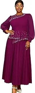 [AOMEI] Women's Purple Crewneck Beads Patchwork Long Sleeve Peplum Pleated A-Line Formal Dress