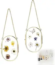 2 PCS Pressed Flower Frame, Double Glass Frame for Pressed Flowers Gold Brass Hanging Picture Frames with Chain, Floating Plant Picture Frame for Artwork Dried Plant Wall Decor DIY (5.90 x 4.02 Inch)