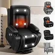 ALFORDSON Black Electric Heated Massage Armchair Fully Automatic Lifting and Reclining, Recliner Chair with Dual USB Charging Ports, PU Leather Lounge Sofa Remote Control for Home Room and Office