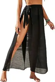 [Generic] Women Beach Long Sarong Swimsuit Cover Up Tie Waist Split Chiffon Wrap Skirt (Black)