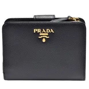 【PRADA 普拉達】SAFFIANO METAL經典金色金屬浮雕LOGO防刮牛皮短夾/零錢包(黑1ML018-SAFFIANO METAL-NERO)