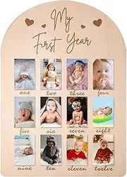 My First Year Photo Frame, 12 Months Photo Board First Birthday Milestone Board Picture Frame Display Wood Decor, 1st Birday Gifts for Baby Boys & Girls (Style A)