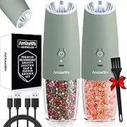AmuseWit Gravity Electric Salt and Pepper Grinder Set [White Light] USB Rechargeable Automatic Pepper and Salt Mills,Adjustable Coarseness,One-Handed Operation,Sage