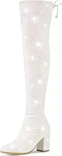 [Allegra K] Women's Glitter Round Toe Chunky Heel Over the Knee High Boots
