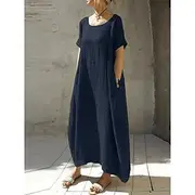 Women's Maxi Dress Linen-Inspired Dresses Casual Dress Basic Casual Vacation Daily Regular Fit Plain Short Sleeve U Neck Blue Camel Green Summer