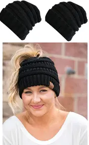 Tail Messy Soft Beanie Bun Hat Ponytail Stretchy Knitted Crochet Skull Black
