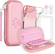 GeeRic 8PCS Case Compatible with Switch Lite, Accessories Kit Replacement for Switch Lite, 1 Soft Silicon Case + 2 Screen Protector + 4 Thumb Caps + 1 Storage Carrying Pink