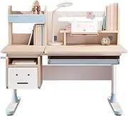 FCD Wood Adjustable Height Kids Study Desk Drafting Table Computer Station Built-in Bookshelf Hutch Multi Function (Blue)