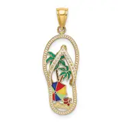 14K Yellow Gold Enamel Palm Tree Beach Scene Flip-Flop Charm