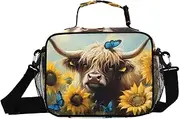 Insulated Lunch Box Sunflower Highland Cow for Women Men - Ideal for Work, Picnics - Includes Adjustable Shoulder Strap
