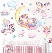 wondever Rainbow Unicorn Wall Stickers Sleeping Unicorn Balloons Sweet Dream Moon Wall Art Decals for Girls Room Baby Nursery Kids Bedroom