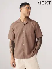 Neutral Stone Cuban Collar Cotton Linen Blend Short Sleeve Shirt (AA1157) | $51
