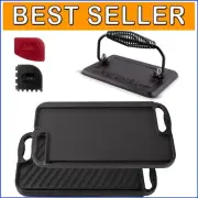 Reversible Cast Iron Griddle & Grill with Burger Press and Scrapers - 16.75"x...