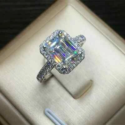 3Ct Emerald Cut Lab Created Diamond Engagement Halo Ring 14K White Gold Plated