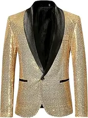 Mens Shiny Sequin Blazer Party Prom Dinner One Button Suit Jacket Wedding Festival Shawl Lapel Tuxedo with Pockets