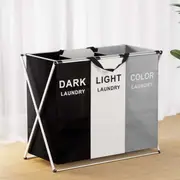 3 Sections Artiss Laundry Basket Hamper Large Foldable Washing Clothes Storage
