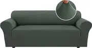 PrinceDeco 1-Piece Microfiber Stretch Couch Covers Spandex Non Slip Soft Fitted Sofa Slipcover Washable Furniture Protector with Elastic Bottom for Kids, Pets (3 Seater,Loden Green)