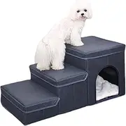 Dog Stairs, Foldable 3-Step Dog Ladder, Portable Puppy Ramp Stairs with Storage & Pet Home, Easy Cleaning Climbing Ladder with Non-Slip Removable and Washable Plush Cloth