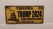 VIRGINIA DON'T TREAD ON ME TRUMP 2024 S.A.A. METAL AUTO TAG PLATE CUSTOM