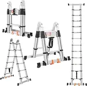 [DEZEX] Telescoping Ladder A Frame 12.5 FT,Aluminum Extension Ladder with Balance Bar,Wheels and 2 Triangle Stabilizers,330lbs Capacity Collapsible Telescopic Foldable Ladder for Home Outdoor